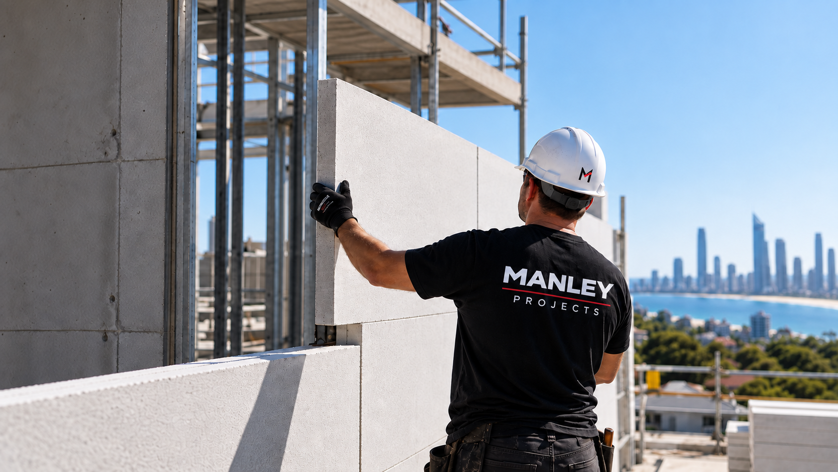 Manley Projects crew installing Hebel AAC panels on site