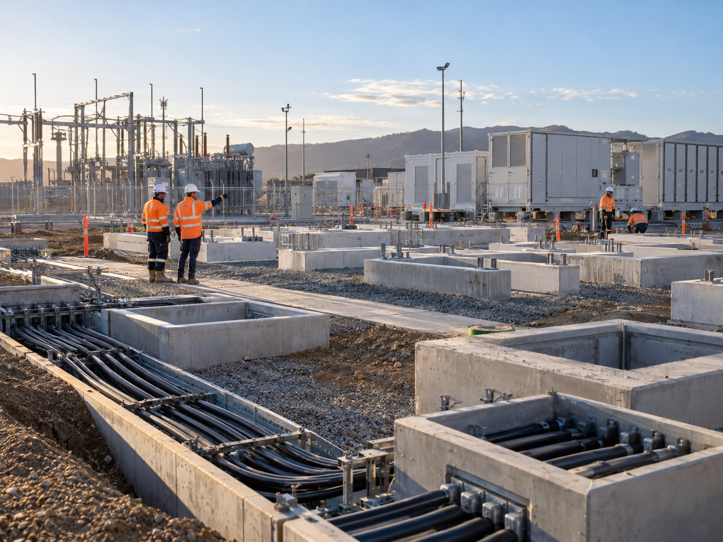Concrete foundations and cable trenches at an energy infrastructure site
