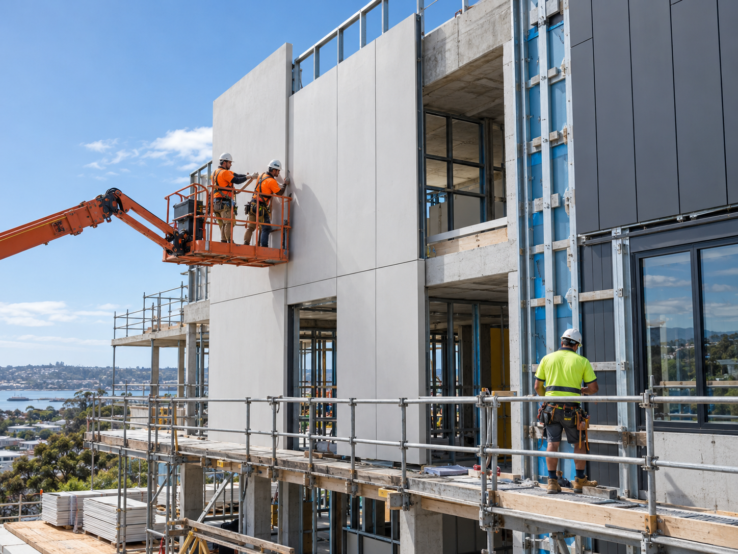 Workers installing external wall panels on a building facade