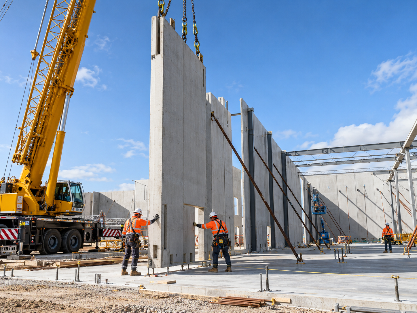Crane and workers erecting precast concrete wall panels